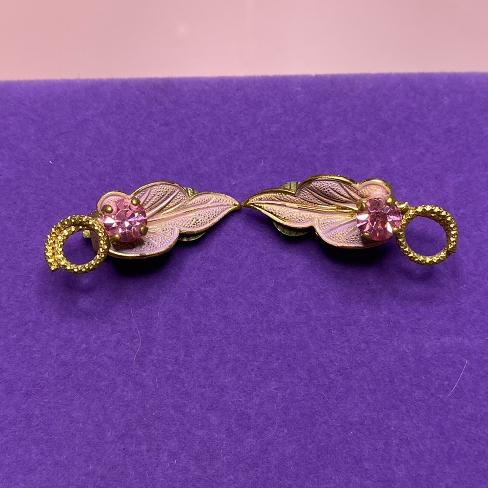 💛 Vintage Gold Plated Pink Crystal Leaf Clip On Earrings